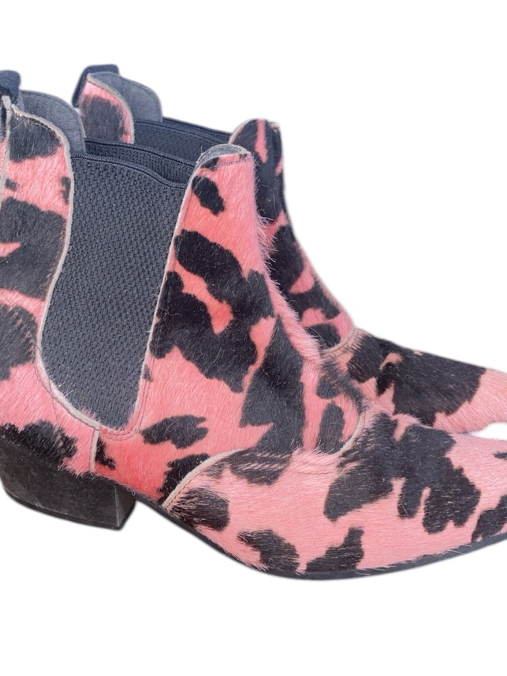 Vtg Pink and Black Cowprint Leather Pony Hair Chelsea Boots